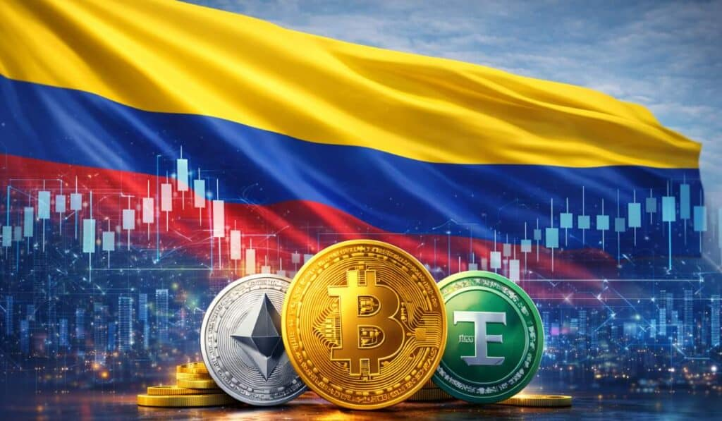 Banderas de Colombia con Bitcoin y gráficos financieros: ilustración de la noticia de Valora Analitik sobre el primer FIC cripto de Colombia