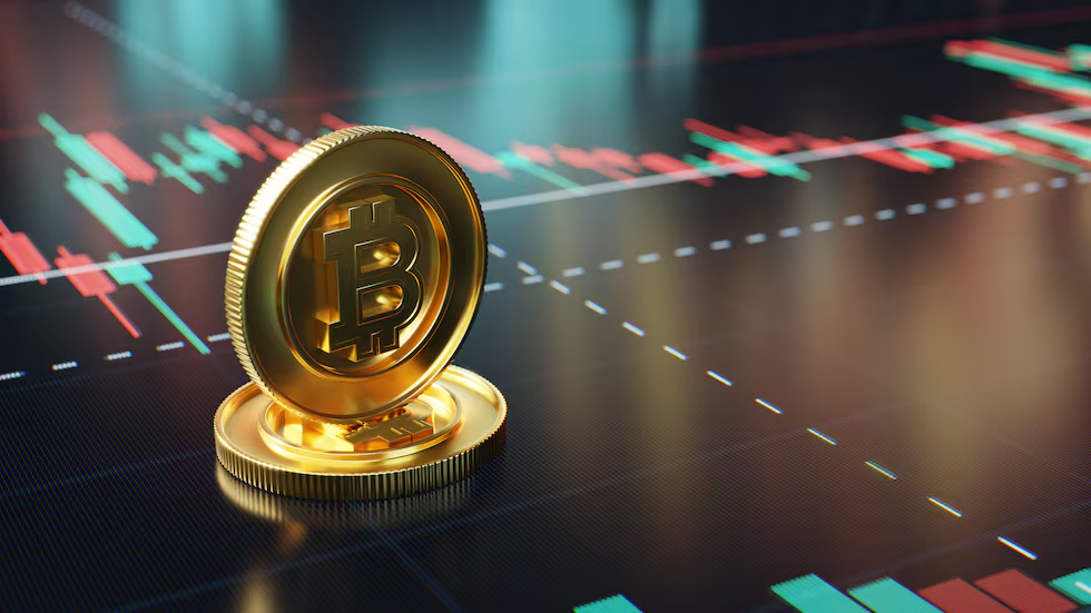 Bitcoin dorado sobre gráfico de velas: ilustración de la noticia de Semana sobre el fondo que protege el capital